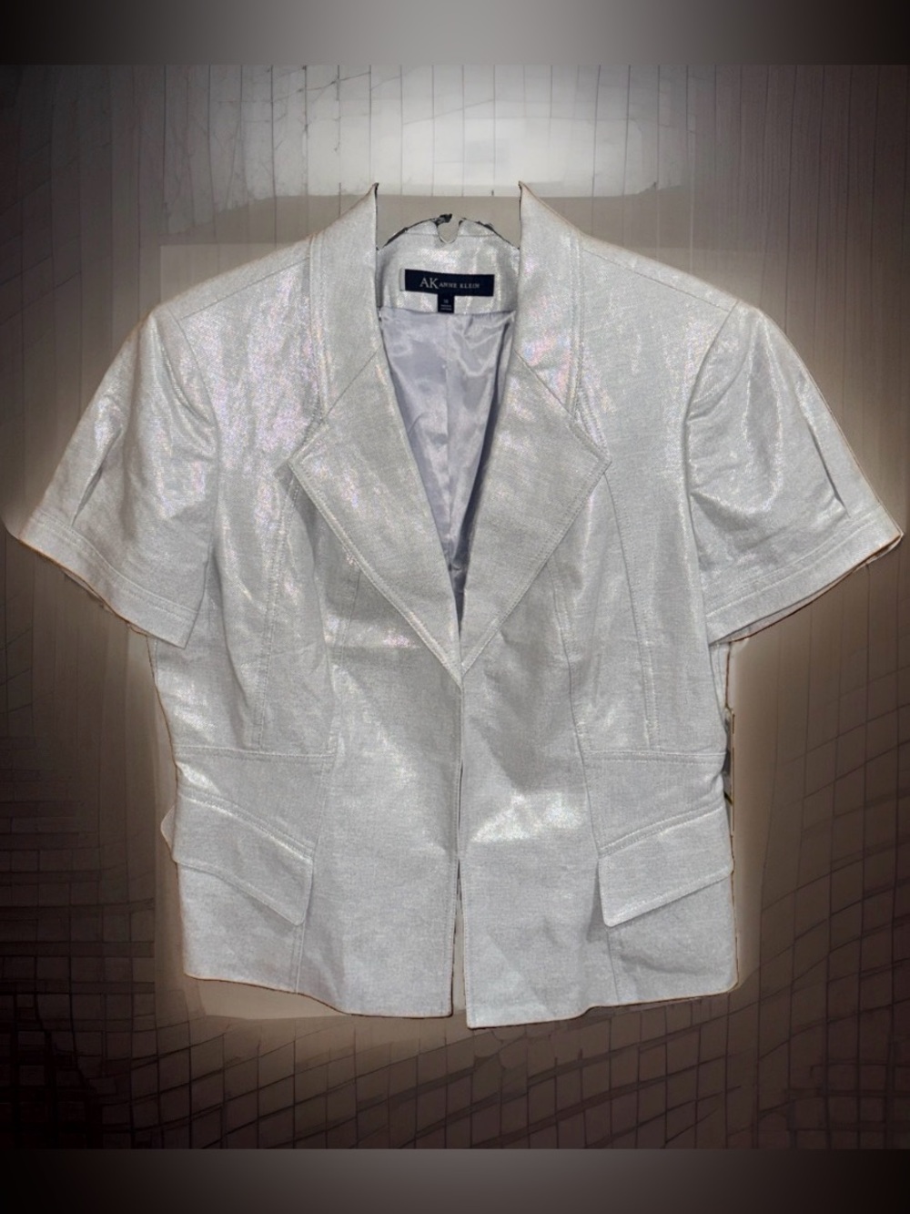 NWT Anne Klein Linen Blend Metallic Silver Short-Sleeve Blazer-14